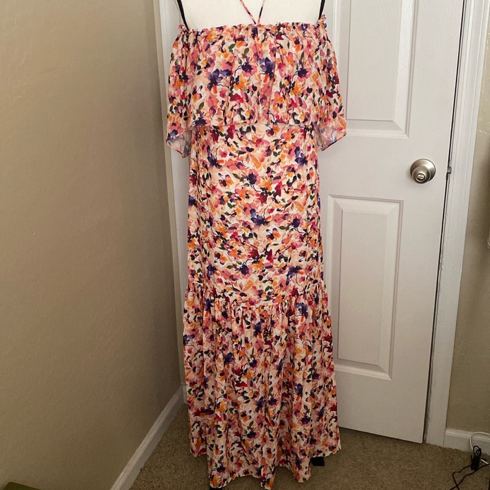 CATHERINE MALANDRINO Floral Tiered Ruffled Off Shoulder Maxi Dress sz M NWT